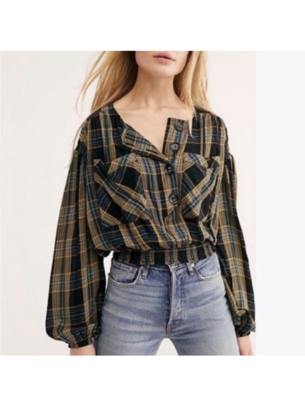 Free People The Good Life Plaid Button-Front Blouse